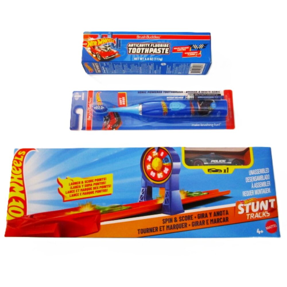 Hot Wheels Police Spin & Score Stunt Track & Toothbrush, Toothpaste Gift Set